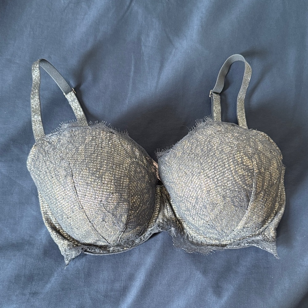 Victoria Secret Dream Angels Lined Demi Lace Silver and blue Metallic Foil Trim